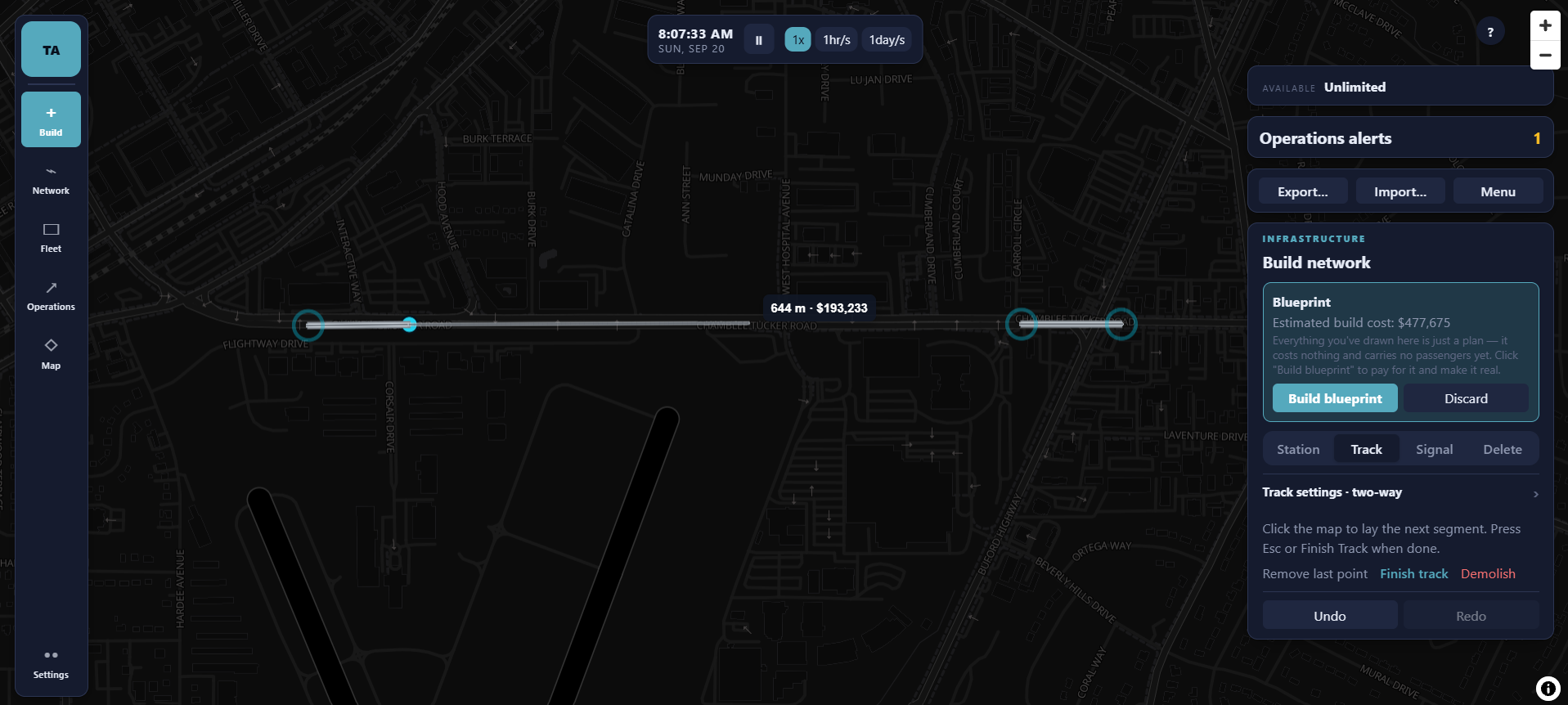 Drawing track between two stations, with a live length and cost tooltip and the blueprint panel's estimated total